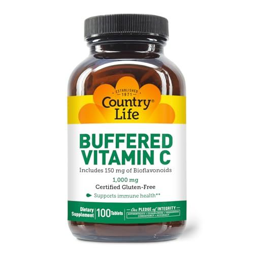 Country Life Buffered Vitamin C 1000mg with Bioflavonoids, Calcium, Magnesium, Potassium - Immune Support, Vegan Capsules, Gluten-Free, Gentle on Stomach - 100 Tablets