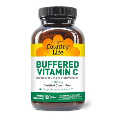 Country Life Buffered Vitamin C 1000mg with Bioflavonoids, Calcium, Magnesium, Potassium - Immune Support, Vegan Capsules, Gluten-Free, Gentle on Stomach - 100 Tablets