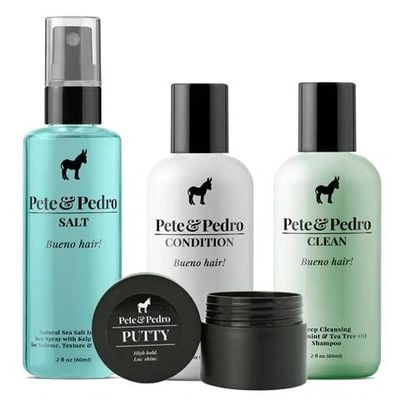 Pete Pedro BUENO HAIR SAMPLES SET - Men&#39;s Hair Care and Styling Trial Travel Size Kit Sea Salt Spray, Putty, Clean Shampoo, Peppermint Condition As Seen on Shark Tank, Set of 4 Products