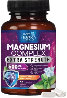 Magnesium Supplement Citrate Capsules 500mg with Glycinate, Oxide, Malate, Citrate - for Muscle, Nerve, Bone and Heart Health Support - High Absorption Glycinate Complex, Gluten Free - 60 Capsules