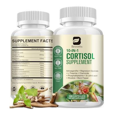 Cortisol Supplements, 10-In-1 Cortisol Reducer with Magnesium, Ashwagandha, L-Theanine, Rhodiola, Lower Cortisol for Women Men - Balanced Cortisol Levels for Stress Manage, Night Support, 120 Capsules