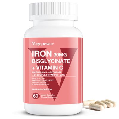 Iron Bisglycinate Supplement for Women Men - 30mg Iron Pills with Vitamin C, B12, Folic Acid - Chelated Iron for Anemia, Health Blood - High Absorption, Gluten-Free, Non-GMO - 60 Vegan Caps