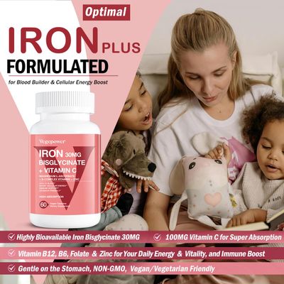 Iron Bisglycinate Supplement for Women Men - 30mg Iron Pills with Vitamin C, B12, Folic Acid - Chelated Iron for Anemia, Health Blood - High Absorption, Gluten-Free, Non-GMO - 60 Vegan Caps