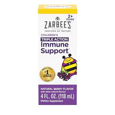 Zarbee&#39;s Elderberry Syrup for Kids, Daily Immune Support with Vitamin C Zinc, Childrens Liquid Supplement, Natural Berry Flavor, 4 fl oz