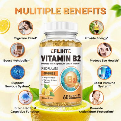 Vitamin B2 Gummies Riboflavin 400mg Supplement for Kids Adults - Magnesium Glycinate, Zinc, CoQ10, Vitamin B12 - Migraine Relief Energy, Nervous System Support, Sugar Free Lemon Flavor, 60ct