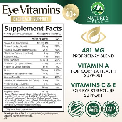 Eye Vitamin Mineral Supplement, Contains Zinc, Vitamins C, E, Lutein, Zeaxanthin, Supports Eye Strain, Vision Health for Adults, Non-GMO, Vegan Eye Vitamins Minerals Supplements - 120 Capsules