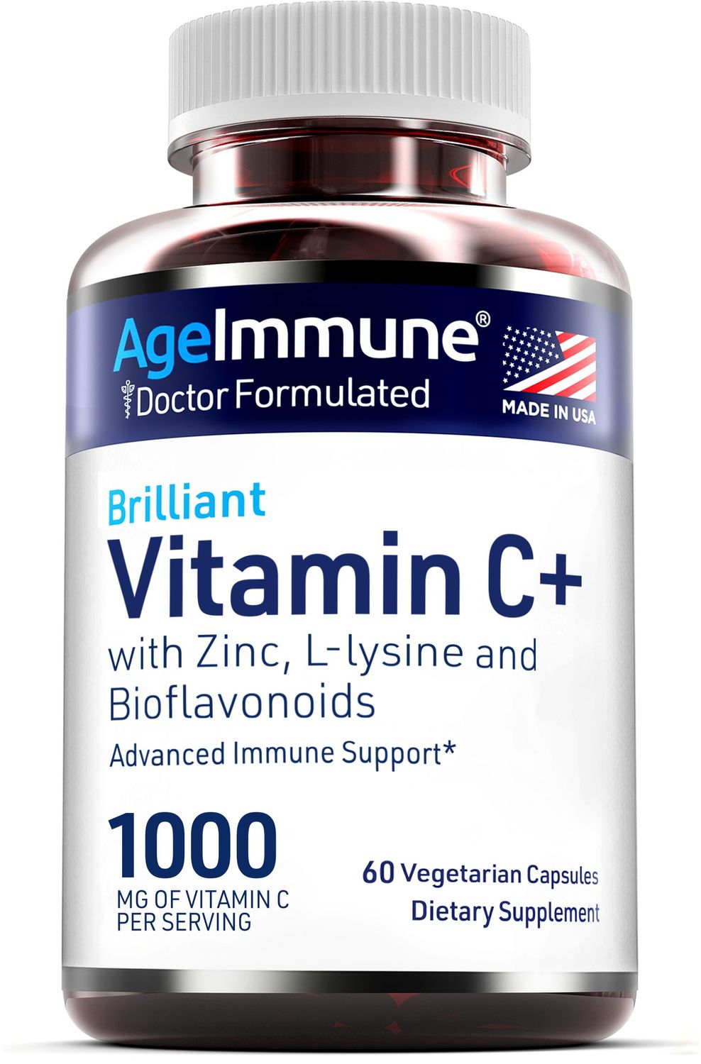 Vitamin C 1000mg Complex with L-Lysine 500mg, Zinc 12mg, Bioflavonoids 300mg. Doctor Formulated Magnesium Stearate Free Supplements for Healthy Immune System Support.(1)