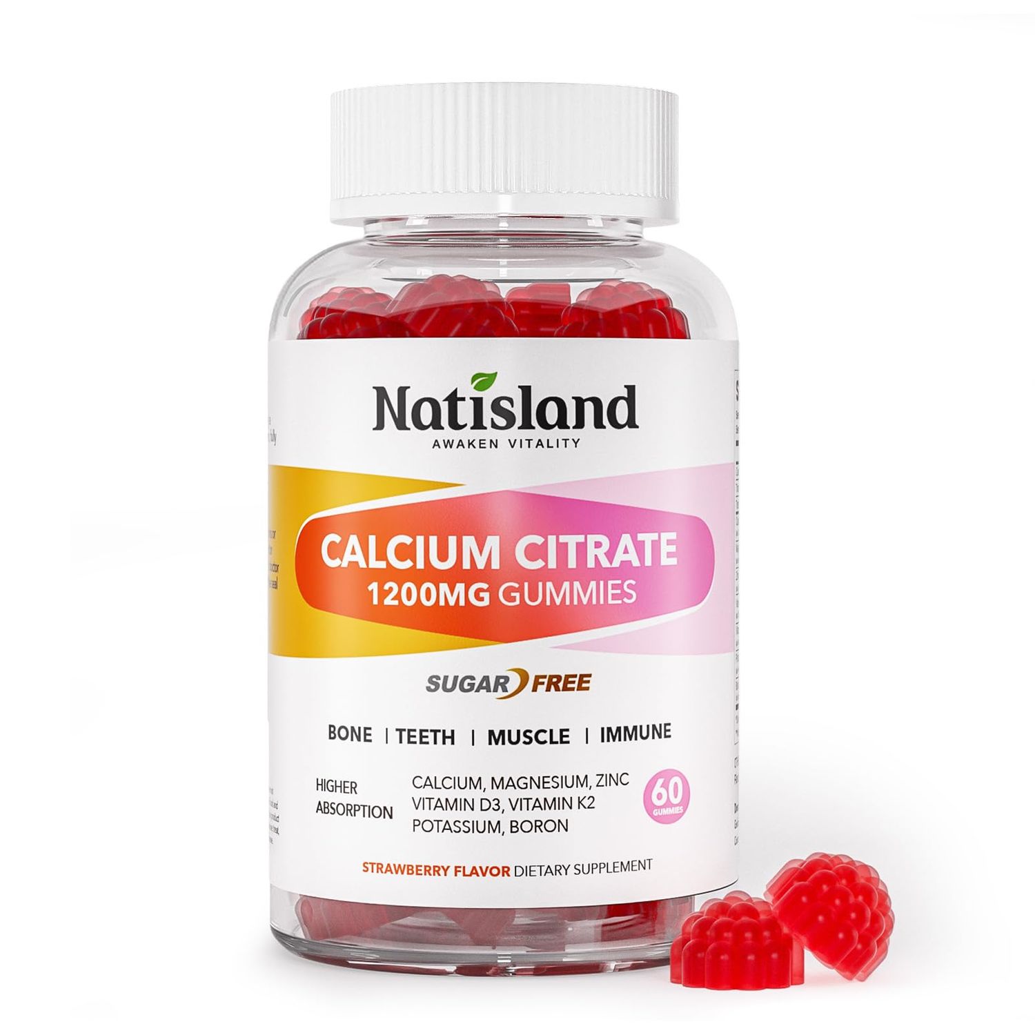 Calcium Citrate Gummies 1200 mg, Chewable Calcium Supplements for Women Men with Vitamin D3, K2, Magnesium, Zinc, Potassium, Boron, Sugar-Free, Vegan, Immune Bone Support, 60 Gummies