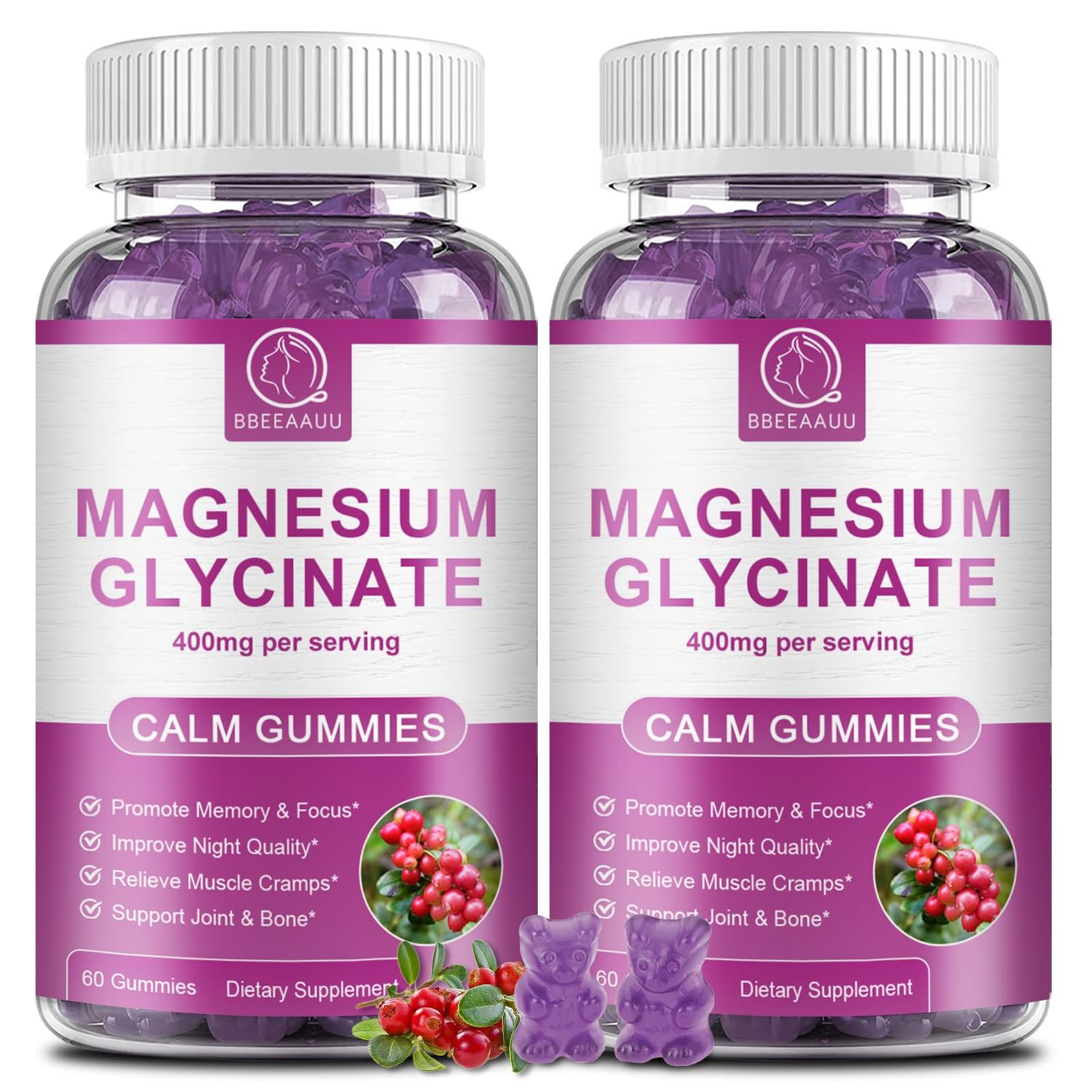 Magnesium Glycinate Gummies 400 mg, High Absorption Magnesium Glycinate Supplement with Potassium, Calcium, Vitamin D, B6 CoQ10 for Night, Muscle Support Cranberry Flavor 60 Count (2 Packs)