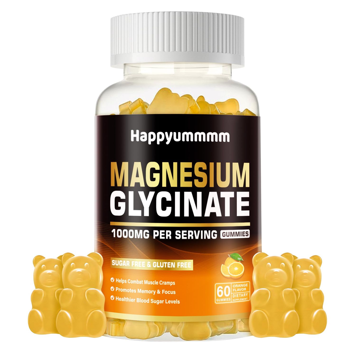 Magnesium Glycinate Gummies 1000mg - Sugar Free Magnesium Potassium Supplement with Vitamin D, B6, CoQ10 for Calm Mood Sleep Support - 60 Orange Gummies