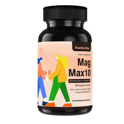 HappieVita MagMax10 Magnesium Complex Supplement 500mg, 10 Forms of Magnesium: Glycinate, Malate, Citrate and More - Maximized Absorption for Sleep, Muscle, Heart and Brain Health - 90 Capsules
