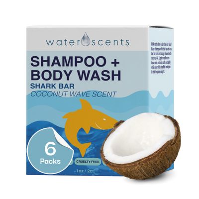 Water Scents Shark Bar 2-in-1 Shampoo Body Wash - Coconut Wave Scent Moisturizing Nourishing Vegan, Cruelty-Free USA Made Gentle, Hydrating Cleanse for Hair Skin, 6 Packs