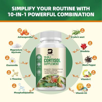 Cortisol Supplements, 10-In-1 Cortisol Reducer with Magnesium, Ashwagandha, L-Theanine, Rhodiola, Lower Cortisol for Women Men - Balanced Cortisol Levels for Stress Manage, Night Support, 120 Capsules
