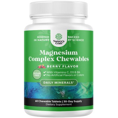 Sugar Free Magnesium Glycinate Chewable - Chewable Magnesium for Adults Kids with Glycinate Taurate Citrate Complex Plus Vitamins D3 B6 C - Vegetarian Non-GMO No Artificial Flavors (30 Day)