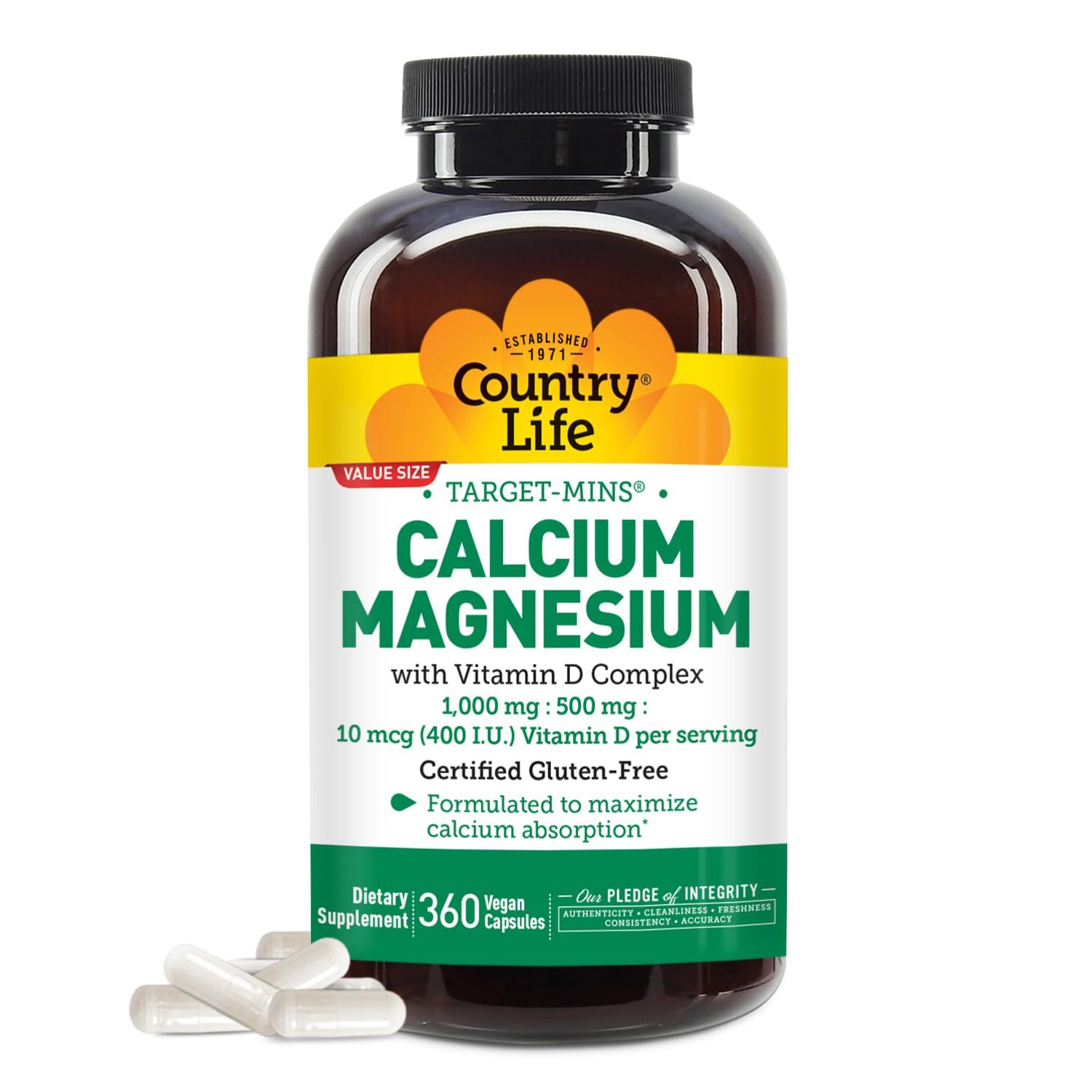 Country Life Target-Mins Calcium Magnesium with Vitamin D-Complex, 1000mg500mg10mcg, 360 Vegan Capsules, Certified Gluten Free, Certified Vegan, Verified Non-GMO Verified