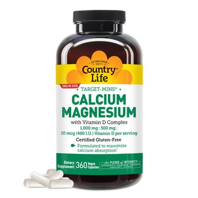 Country Life Target-Mins Calcium Magnesium with Vitamin D-Complex, 1000mg500mg10mcg, 360 Vegan Capsules, Certified Gluten Free, Certified Vegan, Verified Non-GMO Verified