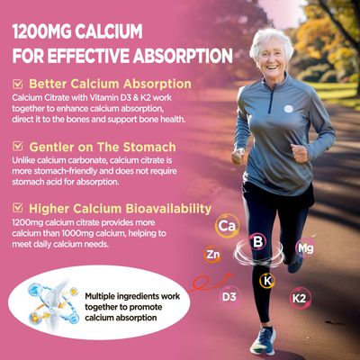 Calcium Citrate Gummies 1200 mg, Chewable Calcium Supplements for Women Men with Vitamin D3, K2, Magnesium, Zinc, Potassium, Boron, Sugar-Free, Vegan, Immune Bone Support, 60 Gummies