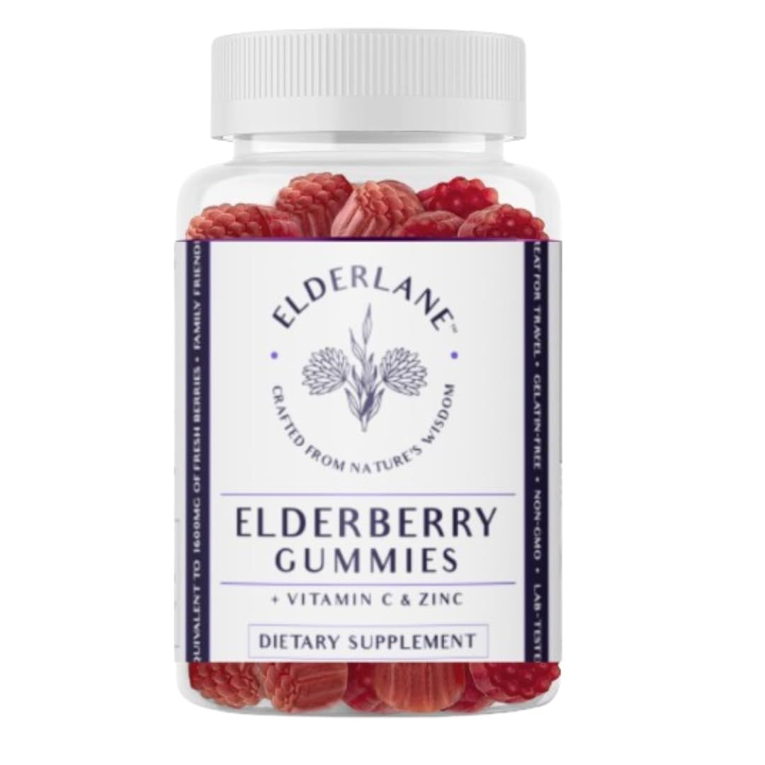 Elderlane Elderberry Gummies for Adults and Kids - Vitamin C and Zinc - Immune Support - Non-GMO, Vegan, Gluten-Free, Gelatin-Free - 60ct, 100mg