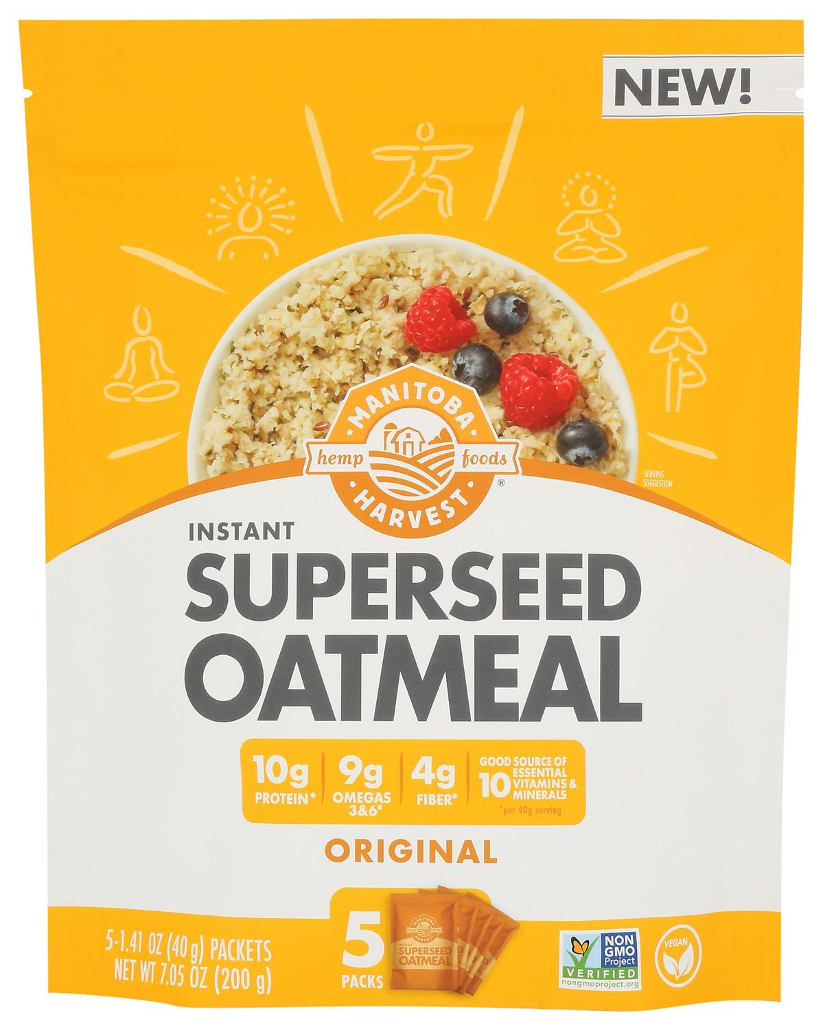 Manitoba Harvest Superseed Instant Oatmeal, 10g Protein, 4g Fiber and 9g Omega 3 and 6 per Serving from Hemp Hearts, Whole Grain Rolled Oats, and Flax Seed, Original, 7.5 Ounce (Pack of 1)