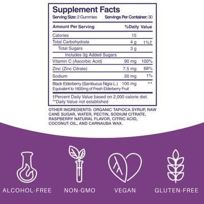 Elderlane Elderberry Gummies for Adults and Kids - Vitamin C and Zinc - Immune Support - Non-GMO, Vegan, Gluten-Free, Gelatin-Free - 60ct, 100mg