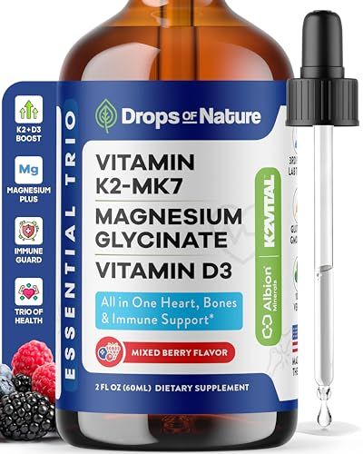 Vitamin D3 K2 Magnesium Glycinate Liquid Supplement - Vegan, Gluten-Free Formula - Vitamins Magnesium Complex Blend With Nutrients for Bone Nutrition Cardiovascular Function (Mixed Berry, 60 mL)