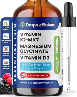 Vitamin D3 K2 Magnesium Glycinate Liquid Supplement - Vegan, Gluten-Free Formula - Vitamins Magnesium Complex Blend With Nutrients for Bone Nutrition Cardiovascular Function (Mixed Berry, 60 mL)