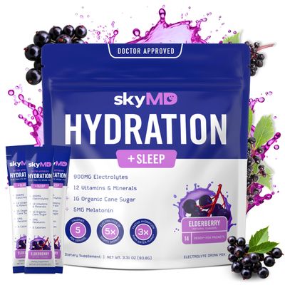 skyMD Hydration Sleep Powder Packets with Electrolytes Sleep Support with Melatonin, L-Theanine Magnesium Promotes a Calm Restful Sleep Mix in Water 14 Single-Serving Sticks, Elderberry