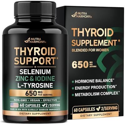 Thyroid Support for Women - Astragalus Selenium 200 mcg Zinc Iodine L-Tyrosine Adaptogen Herbs - 21-in-1 Antioxidant Immune Support - Vegan, Non-GMO, Lab Tested - 60 Capsules, Made in USA
