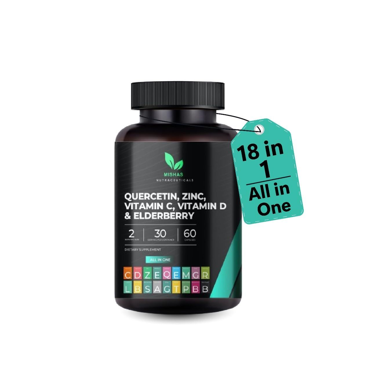 Mishas Strength Quercetin with Bromelain, Zinc, Vitamin C D, Elderberry - Immune Lung Support Supplement for Women Men - Artemisinin, Sea Moss, Echinacea Allergy Relief - Vegan 60 Capsules