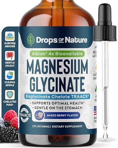 Magnesium Glycinate Liquid Drops Supplement - Vegan, GMO Free, Gluten Free - Enhanced Absorption for Bioavailability - Magnesium Bisglycinate 150 mg for Muscle, Bone Health Support (Mixed Berry, 60ml)