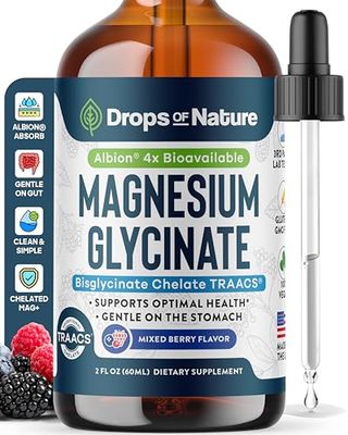 Magnesium Glycinate Liquid Drops Supplement - Vegan, GMO Free, Gluten Free - Enhanced Absorption for Bioavailability - Magnesium Bisglycinate 150 mg for Muscle, Bone Health Support (Mixed Berry, 60ml)