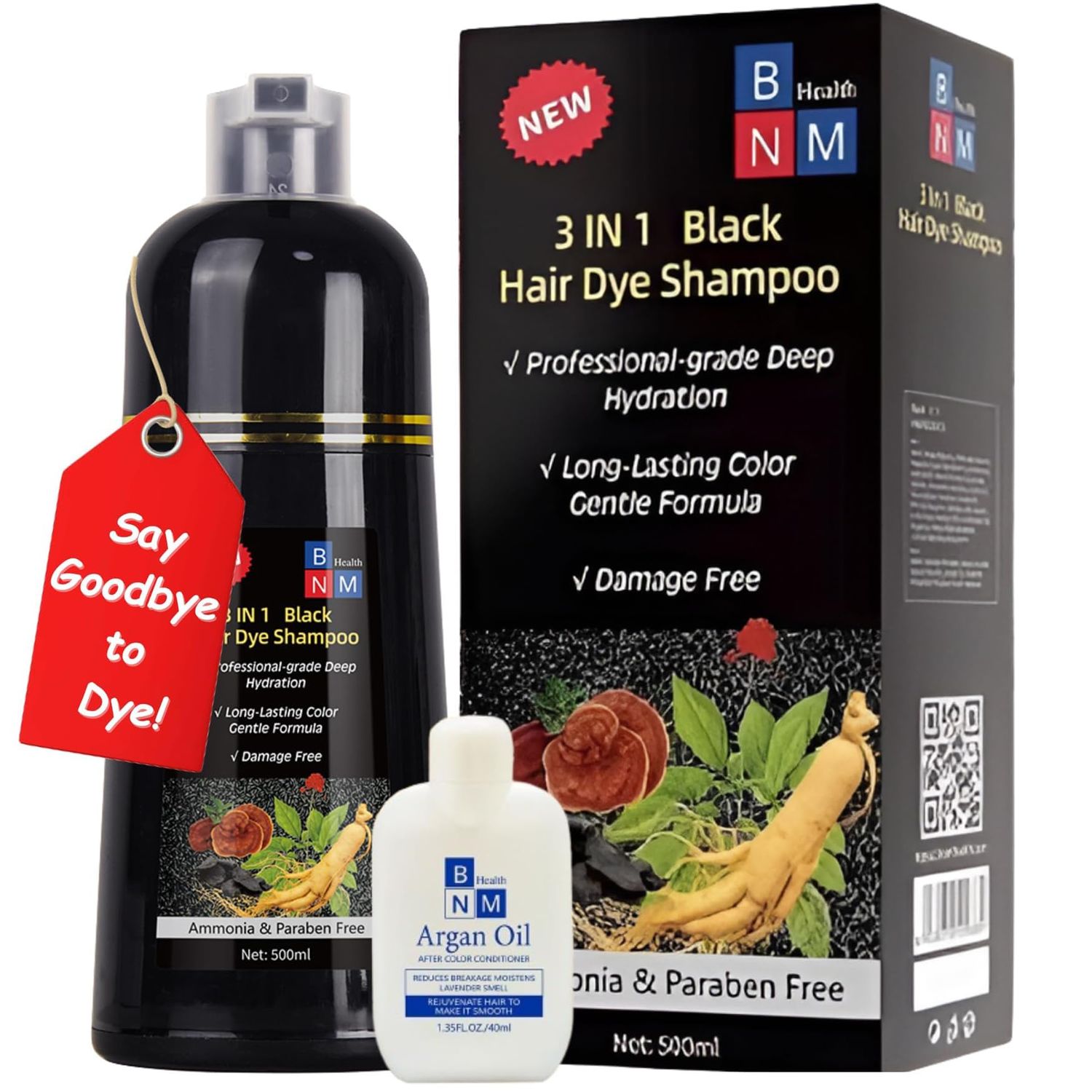 BNM Health Hair Dye Shampoo for Gray Hair - 3-in-1 Natural Color, Shampoo Conditioner - Ammonia-Free, Long-Lasting - 500ml - Quick Easy Coverage for Men Women (Black)