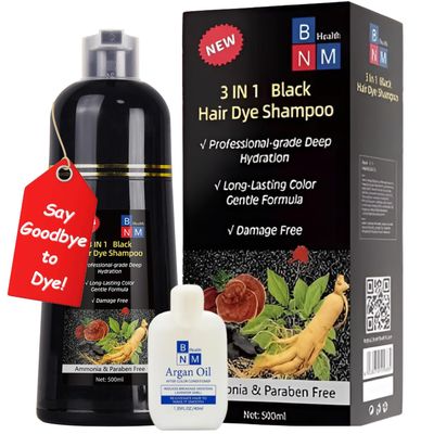 BNM Health Hair Dye Shampoo for Gray Hair - 3-in-1 Natural Color, Shampoo Conditioner - Ammonia-Free, Long-Lasting - 500ml - Quick Easy Coverage for Men Women (Black)