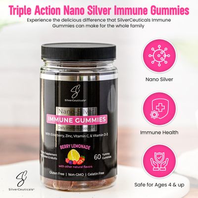 Immune Gummies - Sambucus Elderberry - Vitamin C D - Zinc - Save Your Sick Days - Kids Adults - Safe Ages 4 Up - Nano Colloidal Silver - Gluten Gelatin Free Non-GMO - Berry Lemonade - 60 Count
