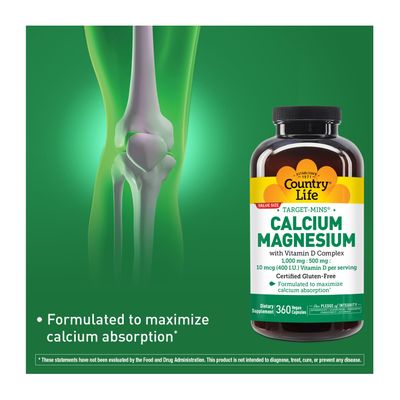 Country Life Target-Mins Calcium Magnesium with Vitamin D-Complex, 1000mg500mg10mcg, 360 Vegan Capsules, Certified Gluten Free, Certified Vegan, Verified Non-GMO Verified