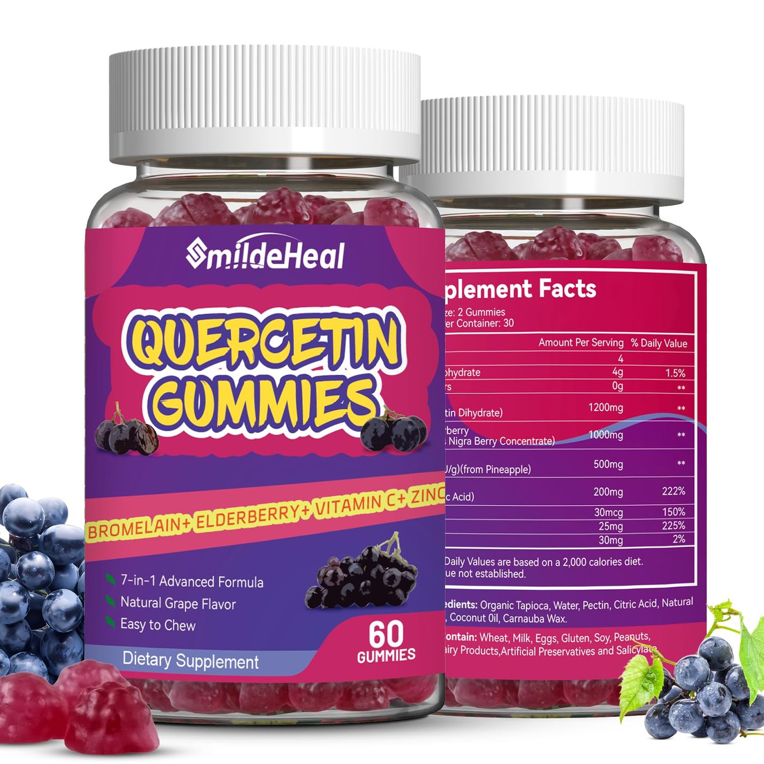 SmildeHeal 2 Pack Quercetin Gummies 1200MG, Quercetin Gummies with Bromelain, Zinc Vitamin C, Immune System Vegan Gummy for Adult Kid, 120 Vegan