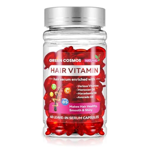 Green Cosmos Hair Vitamin Treatment Moisturizing Oil Capluse with Avocado, Macadamia Moroccan Oil for Dry and Damaged Hair - Leave-in Anti Frizz Conditioner with Vitamins A, C, E B5-40 Capsules
