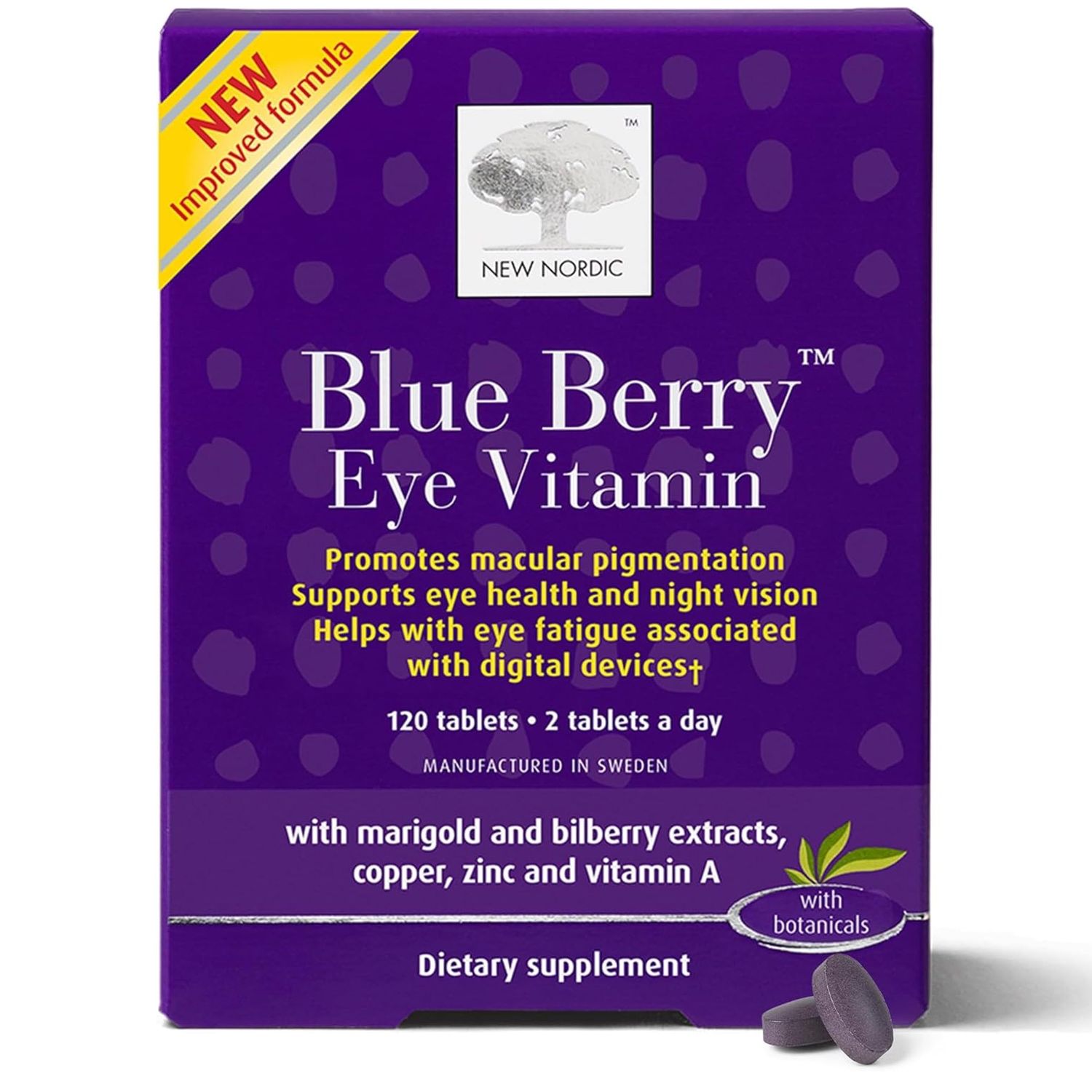 NEW NORDIC Blue Berry Eye Vitamin Lutein Supplement with Zinc, Supports Macular Pigmentation, Eye Vision Function, 120 Tablets (Pack of 1)