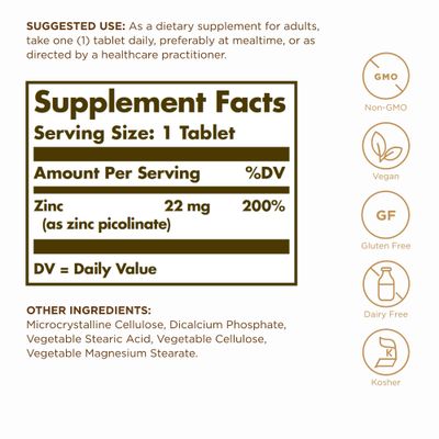 Solgar Zinc Picolinate 22 mg - 100 Tablets, Pack of 3 - Antioxidant, Skin Immune System Support - Non-GMO, Vegan, Gluten Free, Kosher - 300 Total Servings