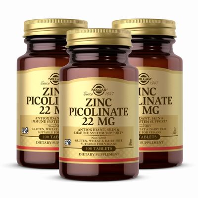 Solgar Zinc Picolinate 22 mg - 100 Tablets, Pack of 3 - Antioxidant, Skin Immune System Support - Non-GMO, Vegan, Gluten Free, Kosher - 300 Total Servings