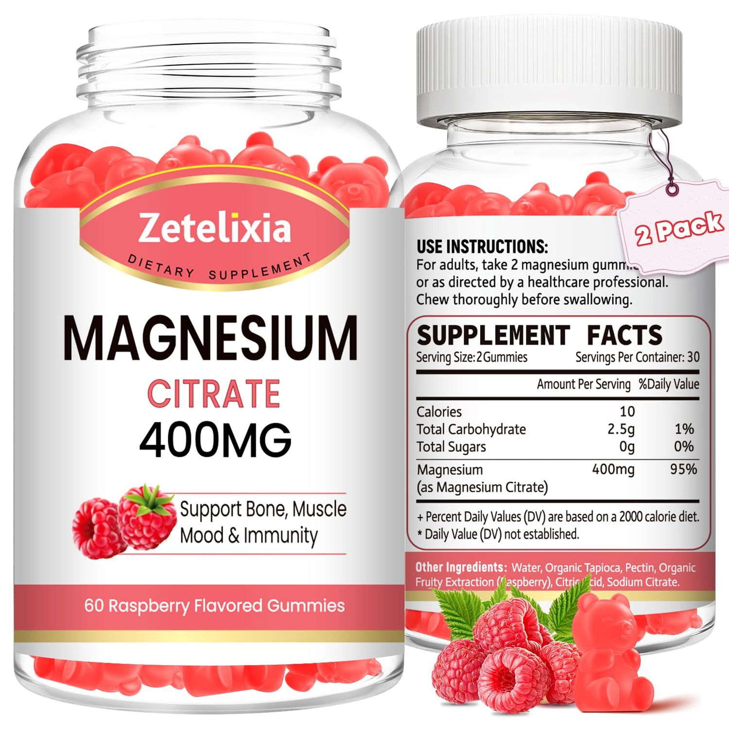 Magnesium Citrate Gummies, High Absorption Magnesium Gummies for Adults, Muscle and Teeth Support, 120 Natural Raspberry Gummies