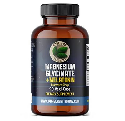 Magnesium Glycinate with Melatonin 3 mg - 90 Vegan Caps by Pure Lab Vitamins - Helps with Jet Lag and Sleep Cycles Made in Canada