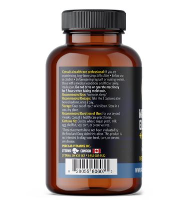 Magnesium Glycinate with Melatonin 3 mg - 90 Vegan Caps by Pure Lab Vitamins - Helps with Jet Lag and Sleep Cycles Made in Canada