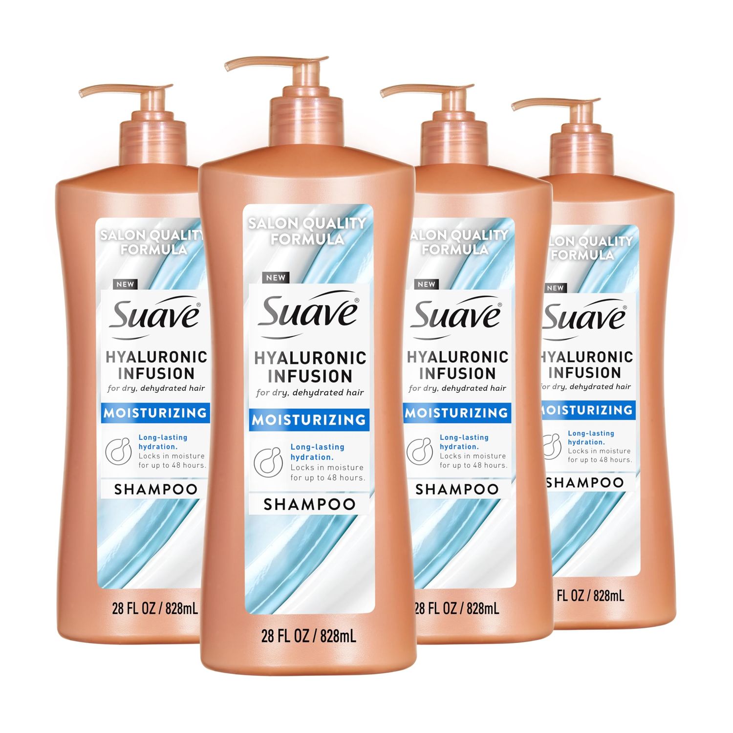 Suave Hyaluronic Infusion Moisturizing Shampoo, Long Lasting Hydration for Dry, Dehydrated Hair with Hyaluronic Acid, 28 oz Pump, 4 Pack