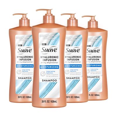 Suave Hyaluronic Infusion Moisturizing Shampoo, Long Lasting Hydration for Dry, Dehydrated Hair with Hyaluronic Acid, 28 oz Pump, 4 Pack