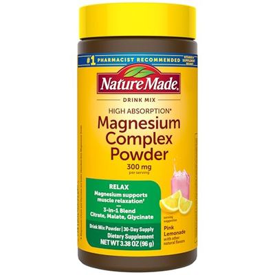 Nature Made High Absorption Magnesium Complex Drink Mix Powder, Magnesium Citrate, Magnesium Glycinate Magnesium Malate 3-in-1 Blend, Pink Lemonade Flavor, 96 g, 30 Day Supply