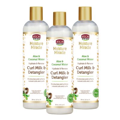 African Pride Moisture Miracle Hydrate Renew Curl Milk Hair Detangler (3 Pack), For Natural Coils Curls, Hydrates Controls Frizz, 12 oz