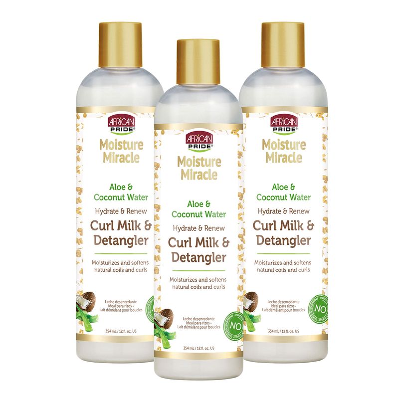 African Pride Moisture Miracle Hydrate Renew Curl Milk Hair Detangler (3 Pack), For Natural Coils Curls, Hydrates Controls Frizz, 12 oz