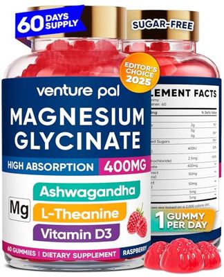 Venture Pal 60 Day Supply Magnesium Glycinate Gummies with Ashwagandha for Adults and Kids, L-Theanine, CoQ10, Sugar Free Magnesium Supplement 400mg for Calm Mood Sleep, Gluten-Free Vegan