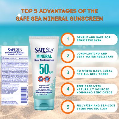 Safe Sea Zinc Oxide Sunscreen SPF50 Clear Mineral Face Sunscreen Without White Cast Anti-Jellyfish Sting Protective Lotion 2Oz (60ml), Pack of 1 (2 Fl Oz (Pack of 1))